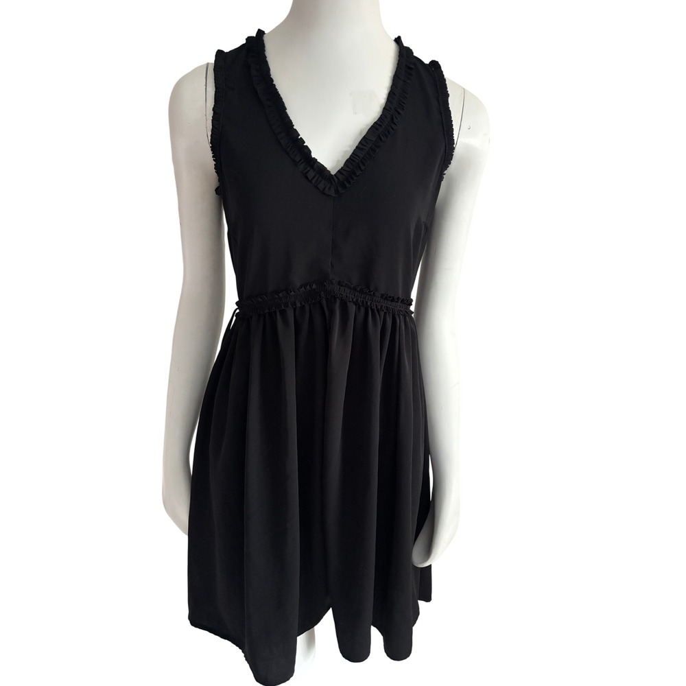 DEX Womens Black Ruffle V-Neck Empire Waist Sleeveless Mini Dress Size Small